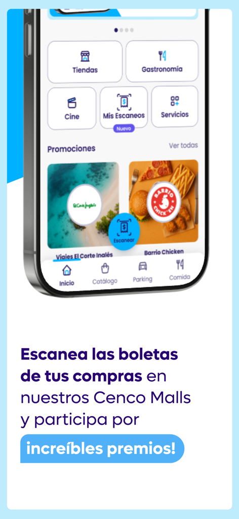 몰 카테고리와 상품 스캔 기능을 보여주는 Cenco Malls 모바일 앱 인터페이스