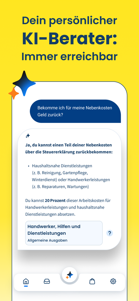 WISO Steuer app interface showing a personal AI advisor answering tax refund questions in a chat interface