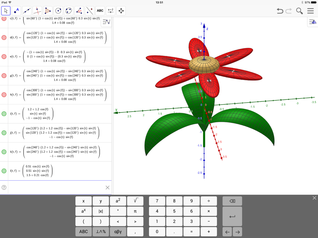 Un modèle de fleur 3D créé avec des équations mathématiques dans l'interface de l'application GeoGebra Classic.
