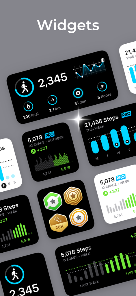 A variety of StepsApp pedometer widgets displaying daily steps and health progress