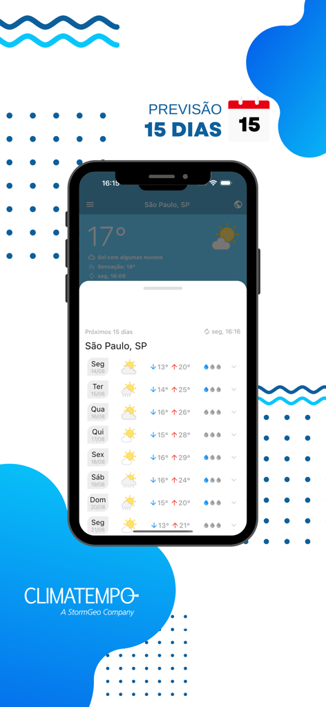 Pantalla de iPhone mostrando una previsión meteorológica de 15 días para Sao Paulo en la aplicación Climatempo
