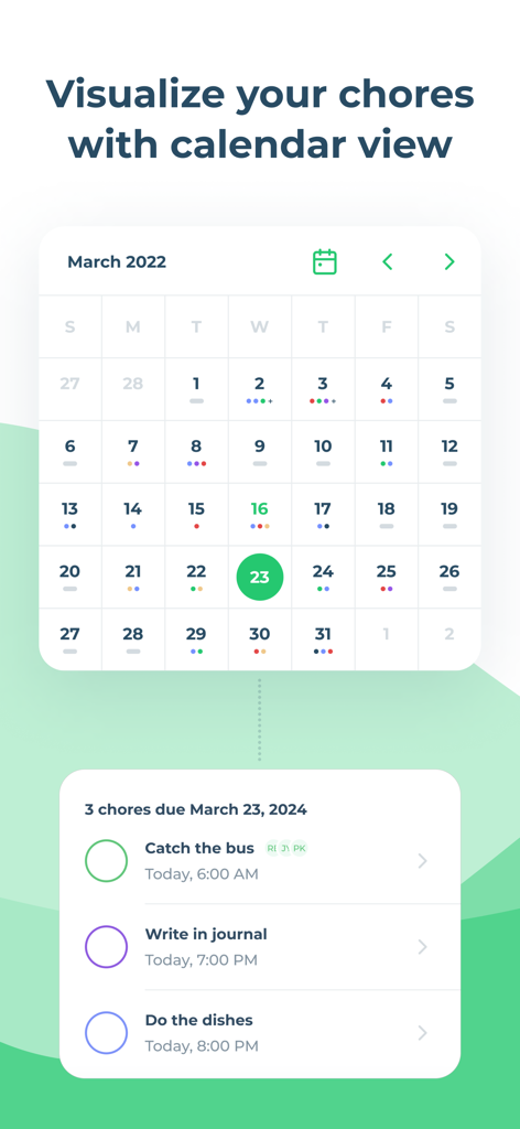 Chap: Chores Tracker & Chart - Interface of the Chap app displaying a monthly calendar view and a daily task list for household chores