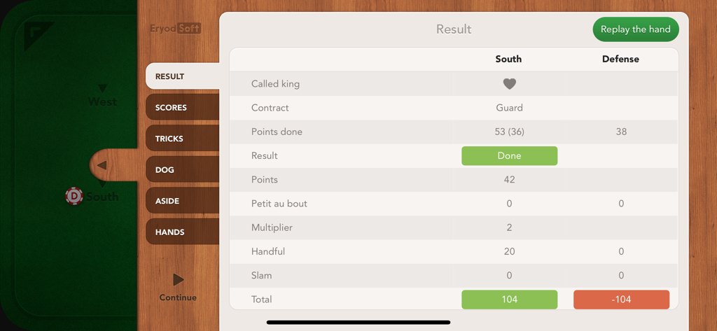 French Tarot - Tableau de bord détaillé dans l'application Tarot Français affichant les résultats et les statistiques des matchs.