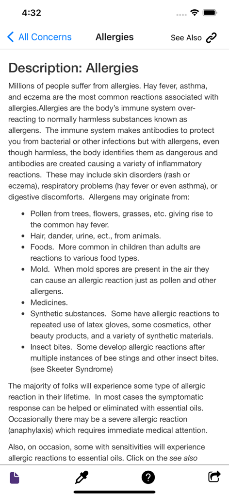 EoEbooks - Informational screen about allergies and triggers in the EoEbooks app