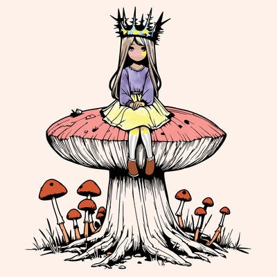 realistic girl sitting on a huge tree stump size toadstool with thorn crown