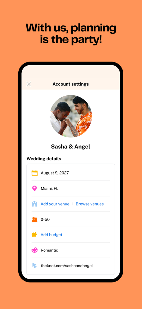 The Knot Wedding Planner - The Knot app account settings screen showing wedding details for Sasha and Angel in Miami