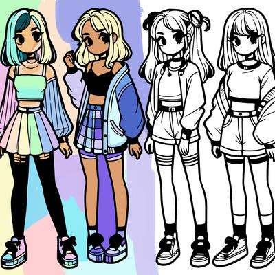 one girl with crop-top shirt and a jacket with a skirt, long socks and another girl with a shirt and pants with a jacket