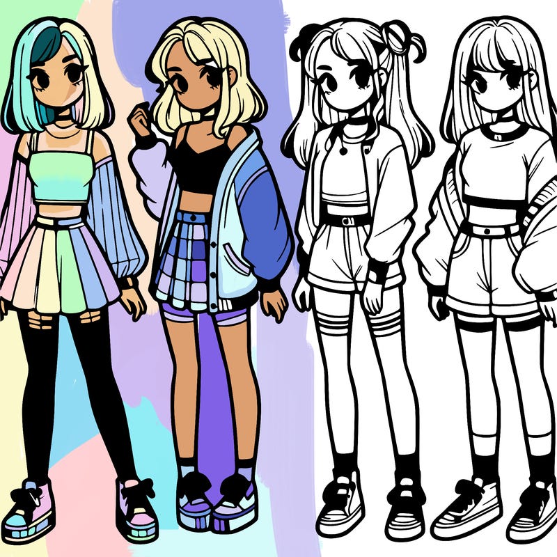 one girl with crop-top shirt and a jacket with a skirt, long socks and another girl with a shirt and pants with a jacket