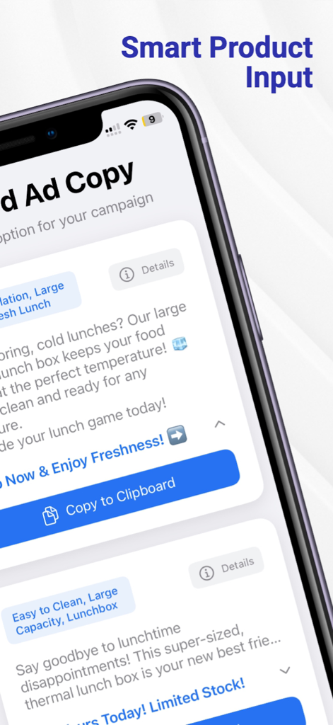 Ad Copy AI: Ads Generator - Ad Copy AI app interface showing smart product input and generated ad copy for a thermal lunch box