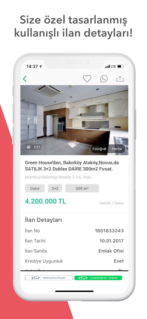Emlaksitem | Emlak İlanları - Emlaksitem mobile app screenshot showing a detailed real estate listing for a duplex apartment in Istanbul with price and contact buttons.