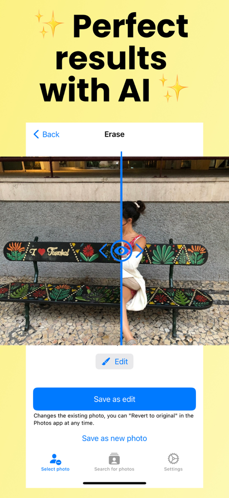 Person remover - Removex - A before and after comparison of a person being removed from a bench photo using AI technology in the Removex app.