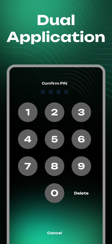 Dual Space - Parallel Space - Uno schermo con tastierino numerico per confermare un PIN per accedere alle app doppie private