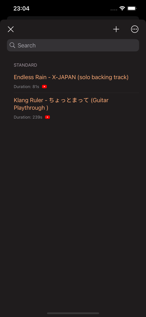 Loopit – Learn by Looping - The video library interface of the Loopit app showing a list of imported YouTube practice videos for guitar players.