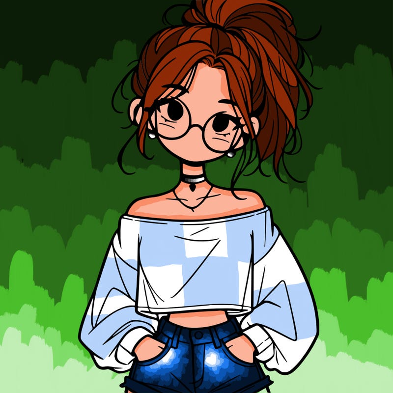 girl with a messy ponytail glasses a baggy crop top and jean shorts