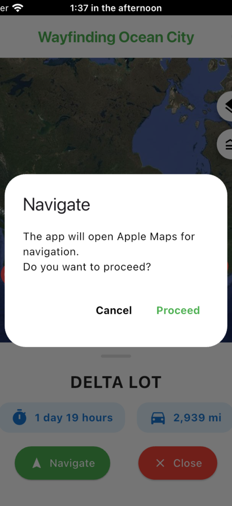 Ocean City Parking Spot Finder - Navigation confirmation prompt in the Ocean City Parking Spot Finder app to open external maps for directions.