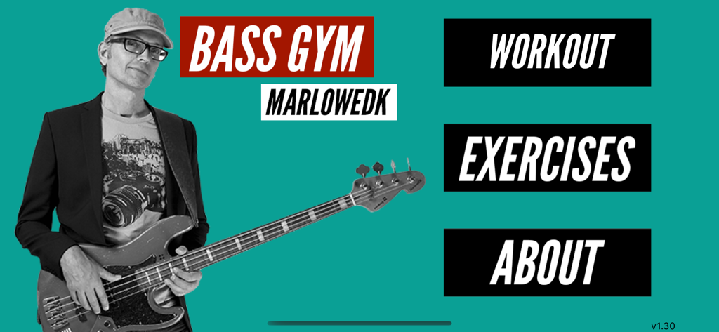Bass Gym with MarloweDK - Home screen of the Bass Gym with MarloweDK app featuring the bass instructor and menu options