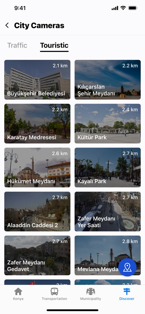 Mobile app screen showing a grid of live touristic camera feeds for landmarks in Konya