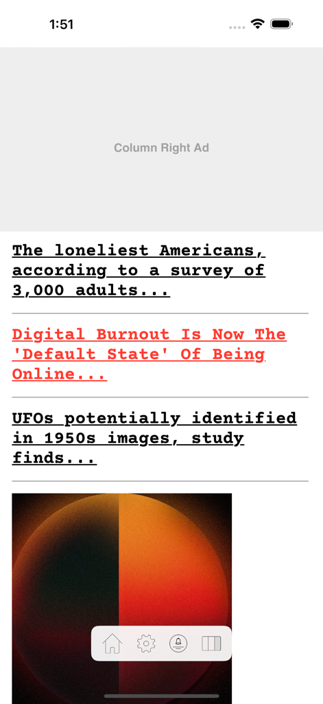 A screenshot of the Drudge Report app displaying news headlines with its signature desktop look and feel.