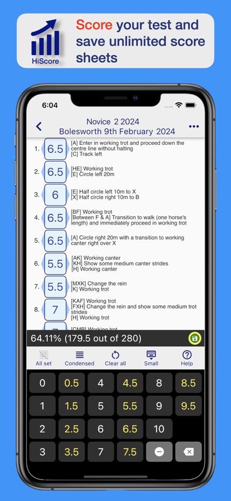BD British Dressage TestPro - A mobile interface showing the HiScore dressage test calculator and digital score sheet with movement marks and total percentage.