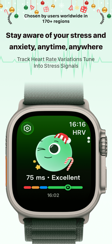 RelaxWatch app on an Apple Watch showing an excellent HRV score and stress level status.