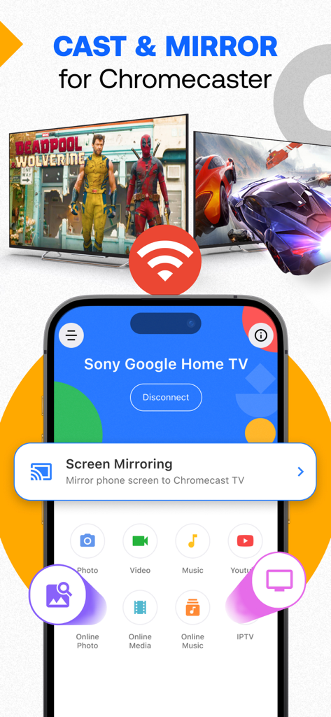 iPhone app interface showing options to cast and mirror screen to a Google Home TV