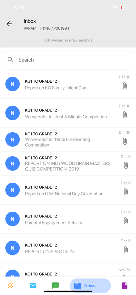 Digital Campus Parent App v3 - Digital Campus Parent Appの受信トレイ画面。学校のニュースと通知が表示されています。