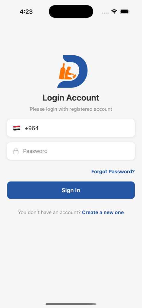 Drinksify - Liquor Delivery - Drinksify app login screen featuring the logo and fields for phone number and password.