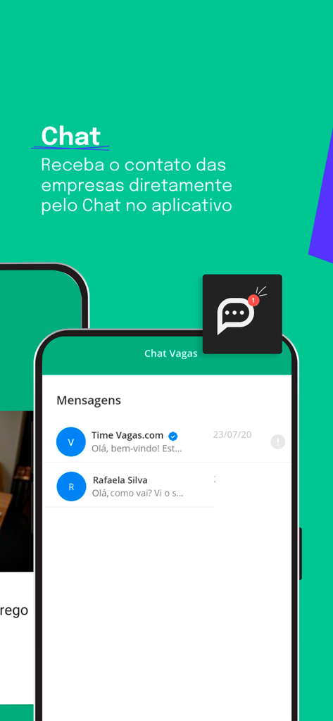 Vagas de Emprego - Vagas.com - Interface de chat do app Vagas de Emprego mostrando uma lista de mensagens de empresas e recrutadores.