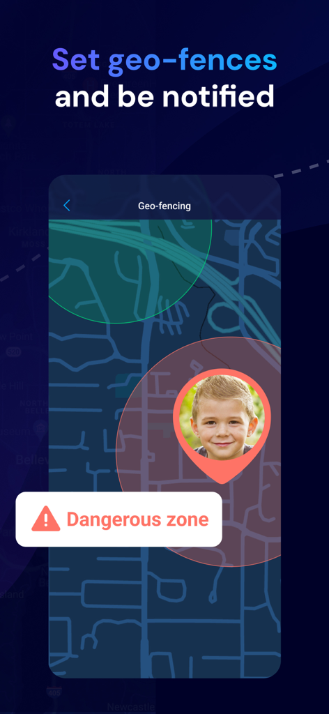Eyezy - Pro Parental Control - Interfaz de la aplicación Eyezy que muestra una alerta de geovalla de zona peligrosa para un niño