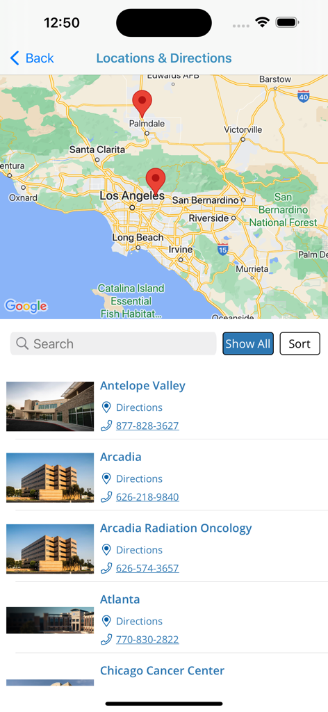 Map and list of City of Hope medical facility locations and directions