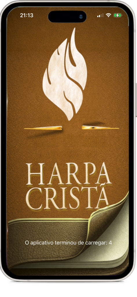 Harpa Cristã e Corinhos - Splash screen of the Harpa Crista app showing a brown leather book cover with a white flame logo