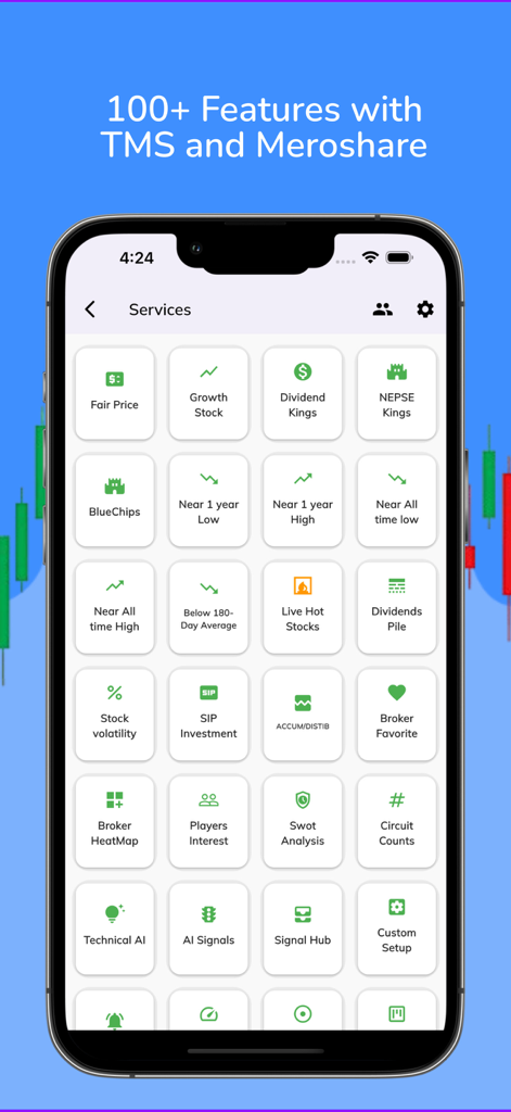 A mobile app interface displaying a grid of financial services and stock analysis tools for the Nepal Stock Exchange