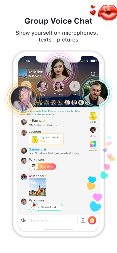 Mobile interface of Yalla Lite app showing a live group voice chat with user avatars and a text message feed.