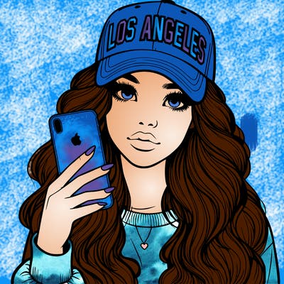 realistic beautiful girl wearing los ángeles cap holding an iphone