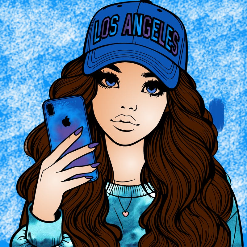 realistic beautiful girl wearing los ángeles cap holding an iphone