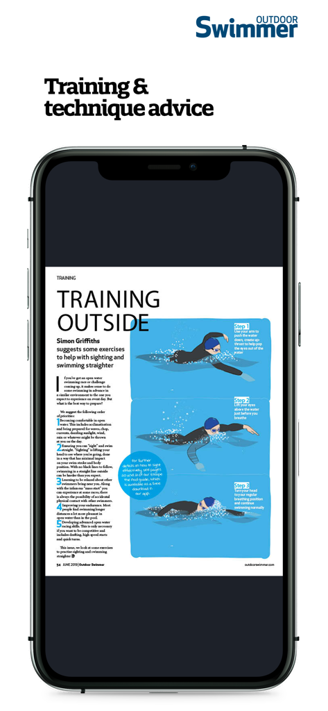 Outdoor Swimmer - A smartphone screen displaying a training article with illustrated swimming technique advice from Outdoor Swimmer magazine.
