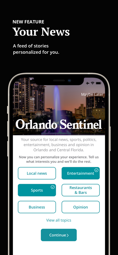 Orlando Sentinel app screen showing news feed personalization with topics like local news, sports, and entertainment