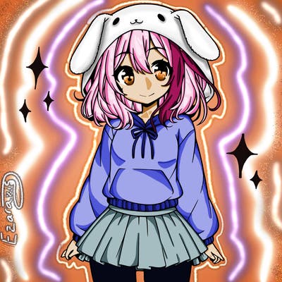 pretty anime girl wearing a fluffy hoodie with bunny ears on the hood and a skirt