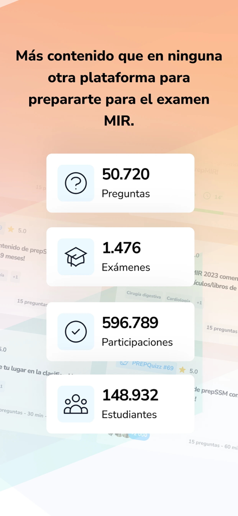 prepMIR - Écran de l'application prepMIR affichant des statistiques sur plus de 50 000 questions et 1400 examens pour la préparation à l'examen de résidence médicale espagnole