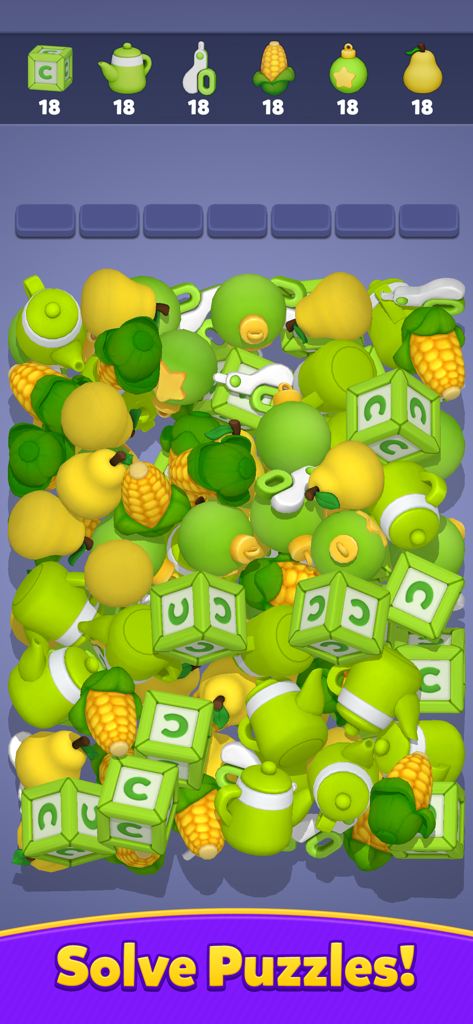 Match Out! - A screen from the Match Out game showing a pile of 3D objects including corn and pears with the text Solve Puzzles
