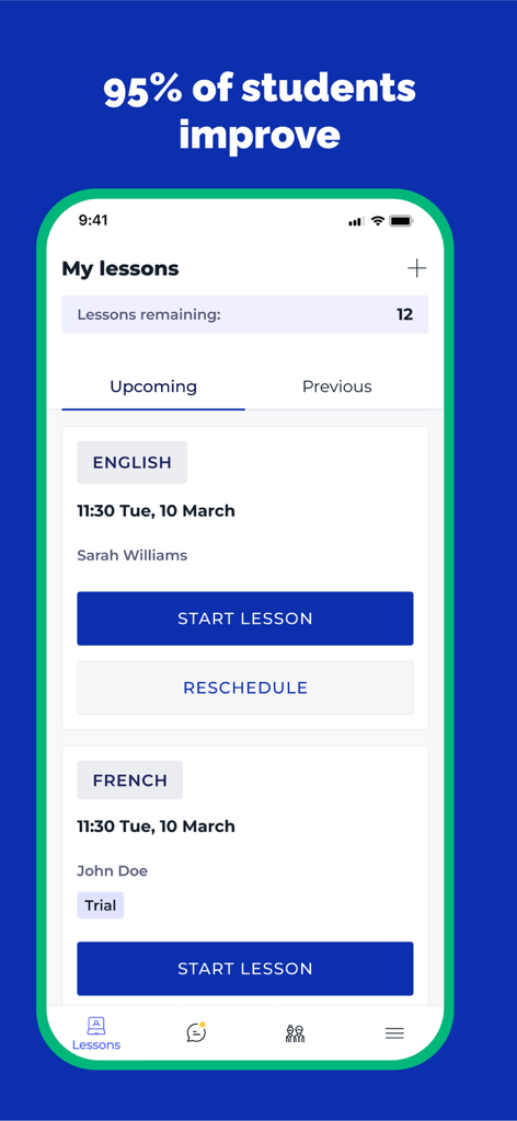 GoStudent 1:1 Online Learning - GoStudent app interface showing upcoming 1 to 1 online tutoring lessons with options to start and reschedule