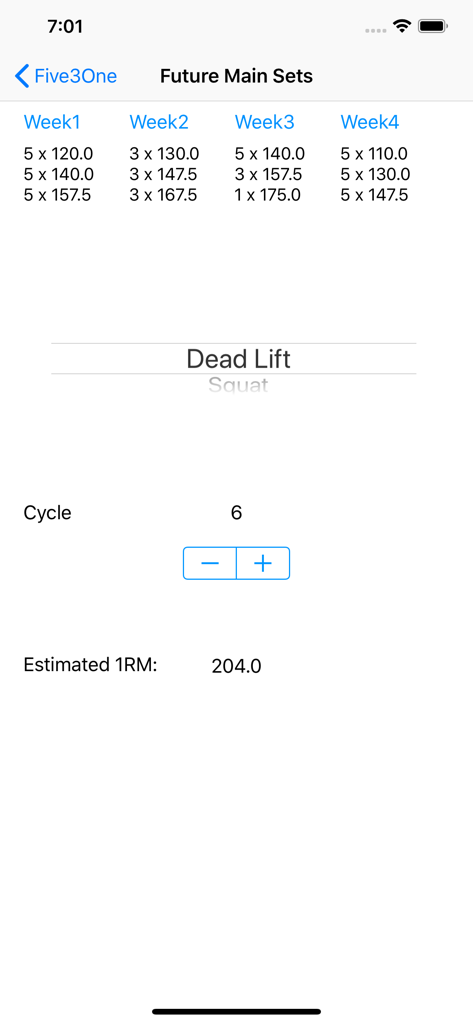 5/3/1 Workout logger - 531 - Oberfläche der 531 Workout Logger App, die geplante Hauptsätze für einen vierwöchigen Trainingszyklus zeigt