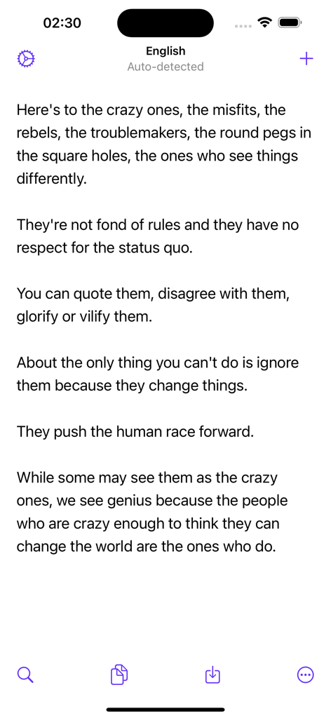 Aiko app showing a high-quality English text transcription on an iPhone