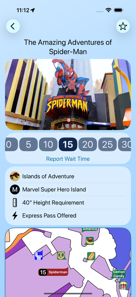 L'application Universal Orlando affiche les détails de l'attraction Spider-Man et le temps d'attente. Consultez l'écran de l'attraction Spider-Man sur le site Wait Times.