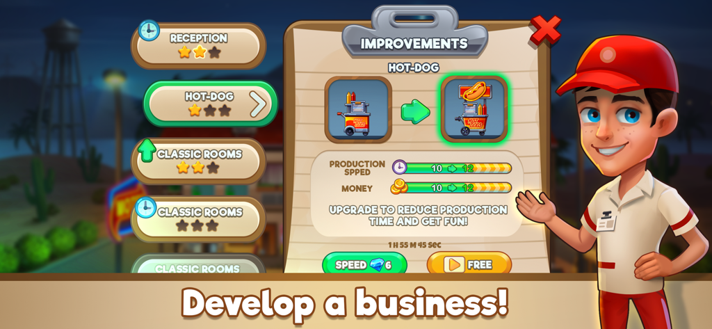 Interface of the Doorman Story hotel simulator showing the improvements menu for upgrading a hot dog stand.