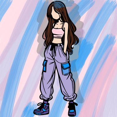 girl in baggy pants crop top and long hair