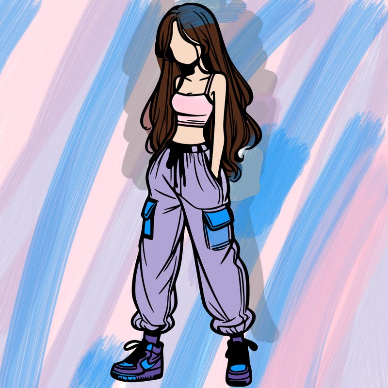 girl in baggy pants crop top and long hair