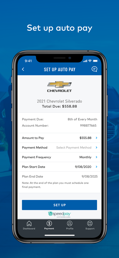 GM Financial app interface for setting up automatic monthly payments for a Chevrolet Silverado