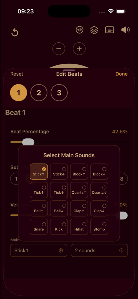 Svev & Sviv Lite - Interface for selecting metronome sounds and editing beats in the Svev and Sviv Lite app