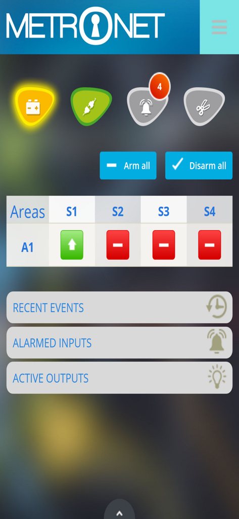 Metronet - Panel de la aplicación de seguridad Metronet mostrando el estado del sistema y los controles de área